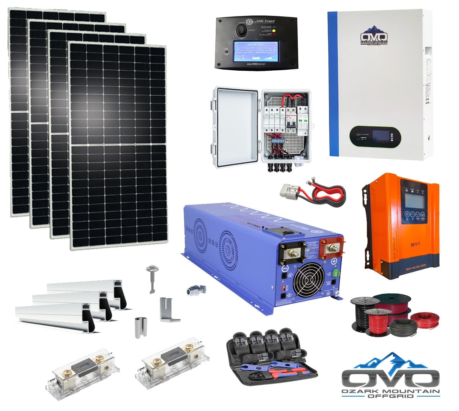 2.2KW Offgrid Solar Kit + 5.12KW 48V OMO Patriot Lithium Battery + 4KW AIMS Split Phase 110/220V Inverter