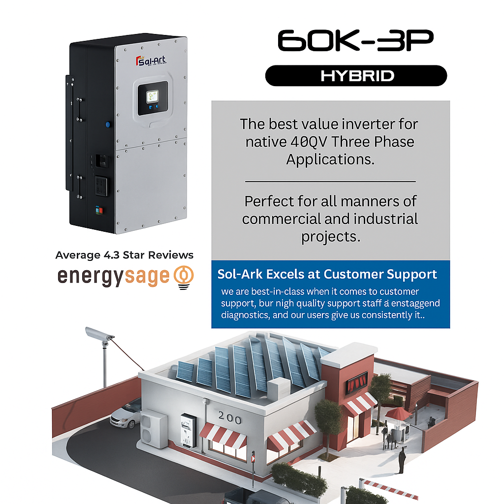 Commercial 60KW Solar Array - 3 Phase 208V Solar Kit + 2x 30K 208V Sol-Ark Inverter + 2x 40KW Sol-Ark INDOOR Lithium Battery +59.4KW Solar with Ground Mount and Wiring