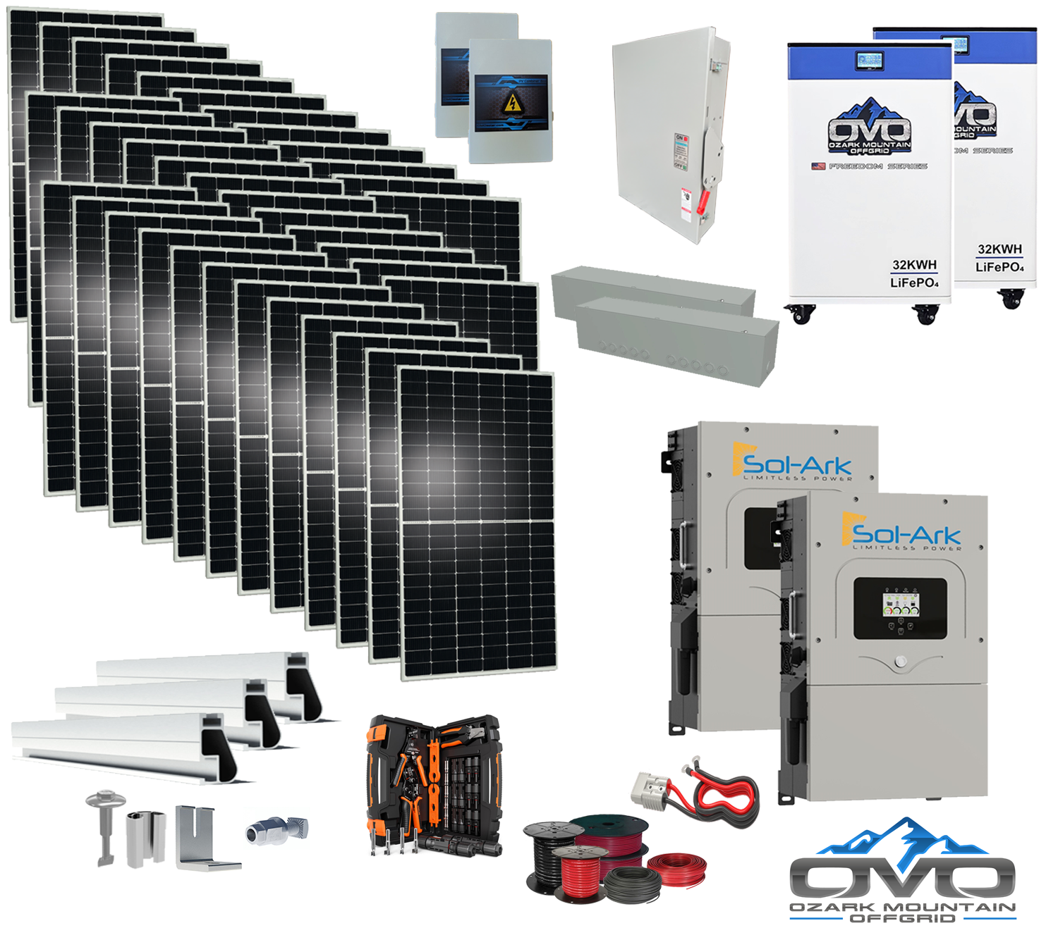 20KW Complete Offgrid Solar Kit - 2x 32kWh OMO 48V Freedom Series Lithium Battery + 2x 15K Sol-Ark Inverter +19.8KW Solar with Roof Mount and Wiring