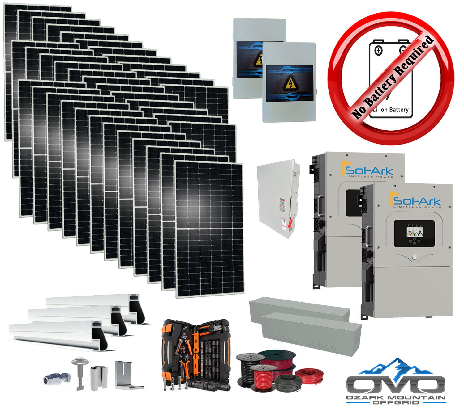 20KW Complete Offgrid Solar Kit + 2x 15K Sol-Ark Inverter +19.8KW Solar with Roof Mount and Wiring