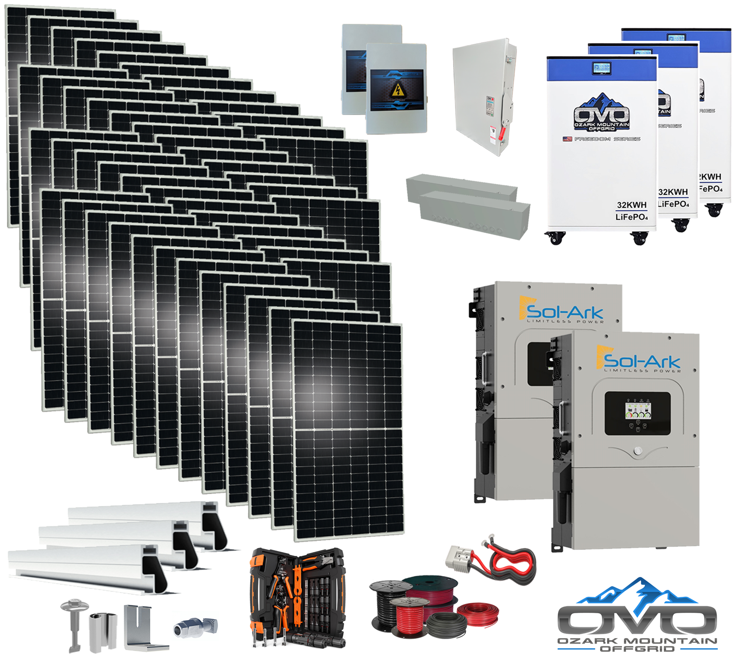 25KW Complete Offgrid Solar Kit - 3x32kWh OMO 48V Freedom Series Lithium Battery + 2x 15K Sol-Ark Inverter +26.4KW Solar with Mounting Rails and Wiring