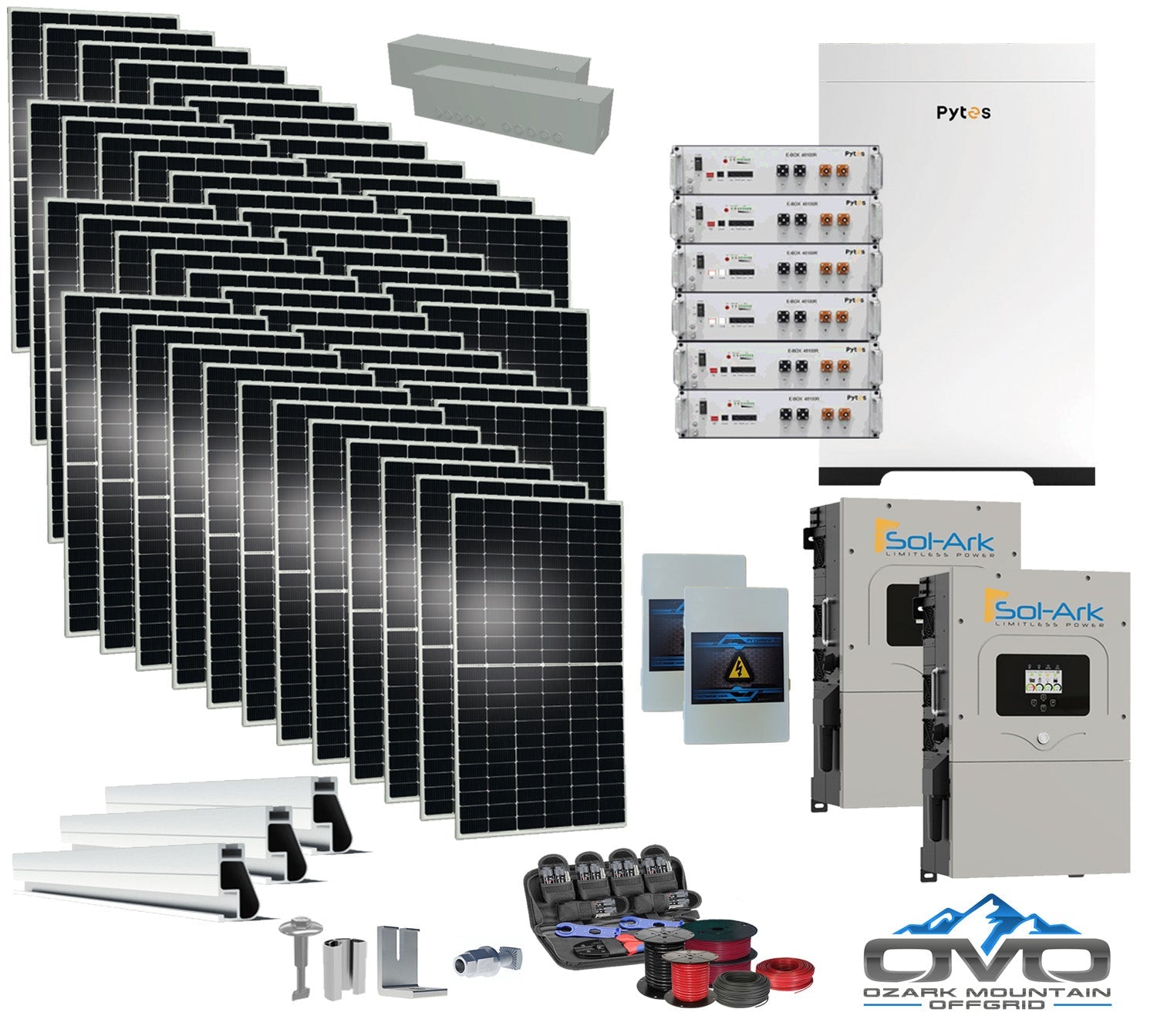 25KW Complete Offgrid Solar Kit - 30.72kWh Pytes Lithium Battery + 2x15K Sol-Ark Inverter +26.4KW Solar with Mounting Rails and Wiring