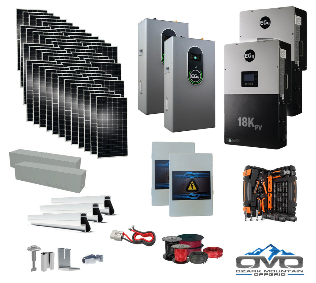 25KW Complete Offgrid Solar Kit + EG4 18kPV + 2x 14.3KW 48V EG4 Lithium Indoor Wall Battery + 26.4KW Solar with Roof Mounting Rails and Wiring
