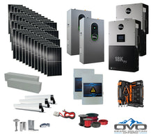 Load image into Gallery viewer, 25KW Complete Offgrid Solar Kit + EG4 18kPV + 2x 14.3KW 48V EG4 Lithium Indoor Wall Battery + 26.4KW Solar with Roof Mounting Rails and Wiring