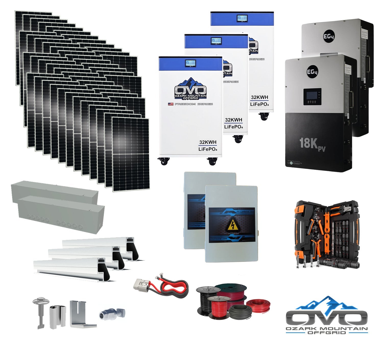 25KW Complete Offgrid Solar Kit + EG4 18kPV + 3x 32KW OMO 48V Freedom Series Lithium Battery + 26.4KW Solar with Roof Mounting Rails and Wiring