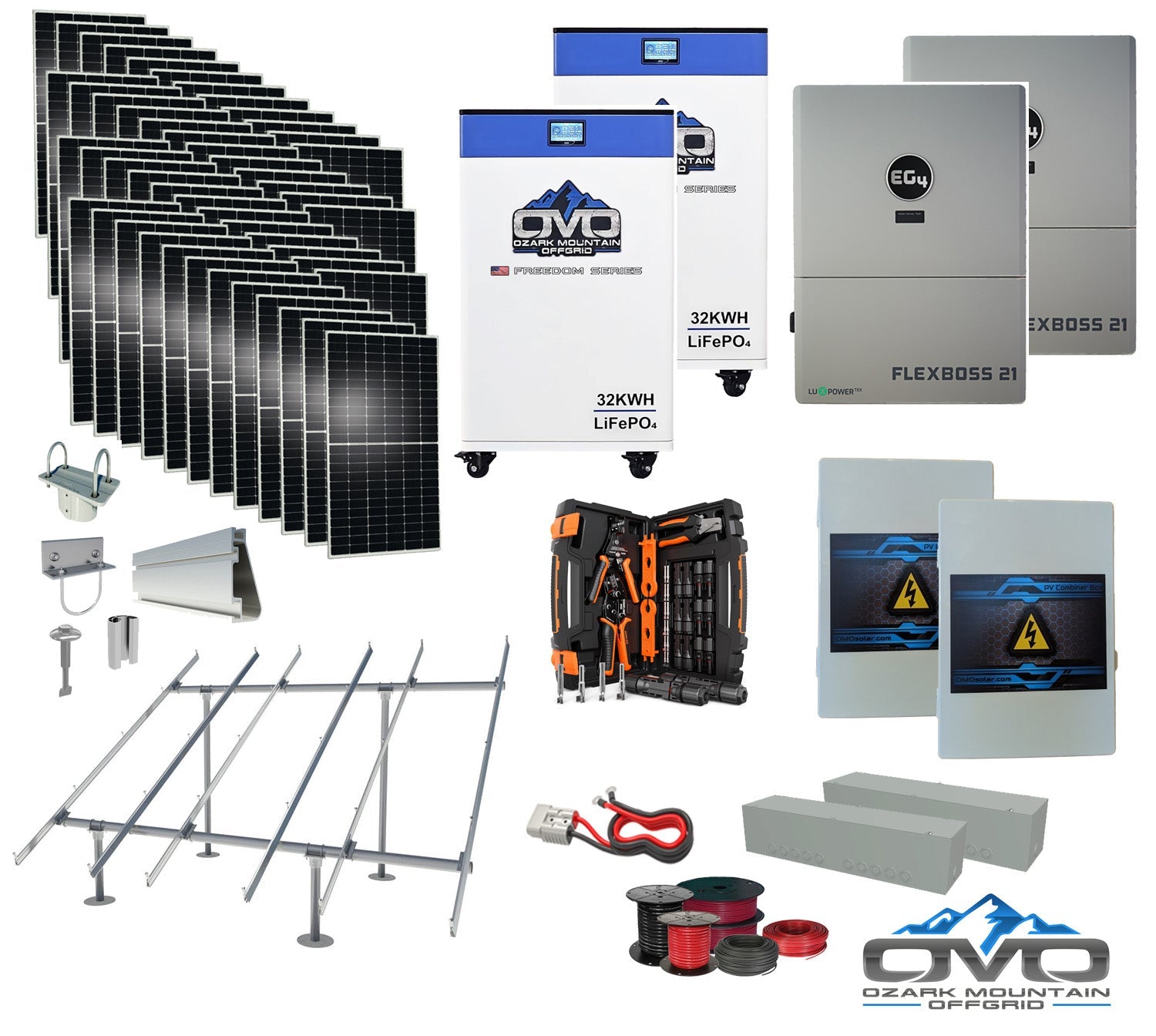 25KW Complete Offgrid Solar Kit + EG4 FlexBOSS21 + 2x 32KW OMO 48V Freedom Series Lithium Battery + 26.4KW Solar with Ground Mount and Wiring