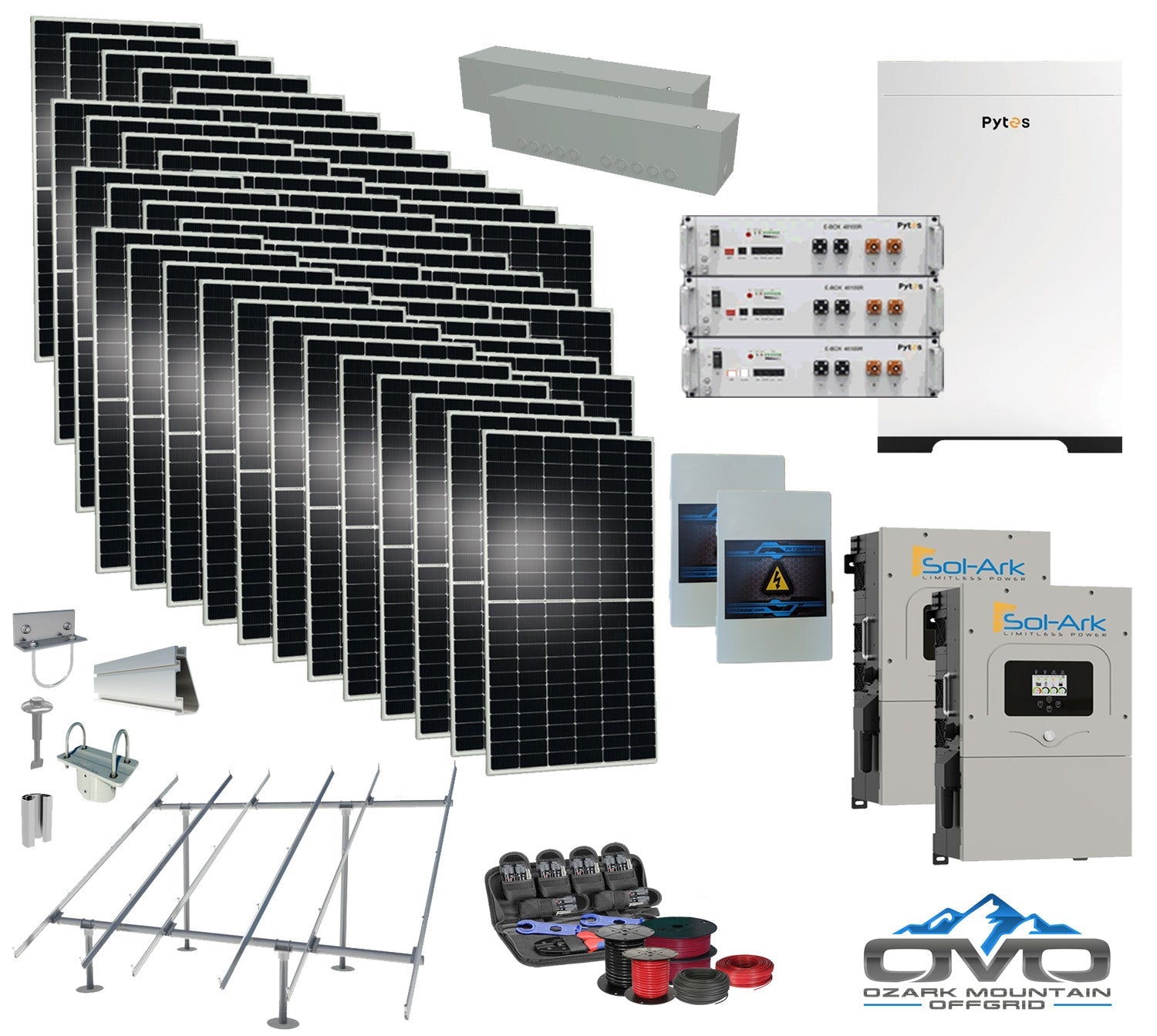 25KW Complete Offgrid Solar Kit - 15.36kWh Pytes Lithium Battery + 2x15K Sol-Ark Inverter +26.4KW Solar with Ground Mount and Wiring