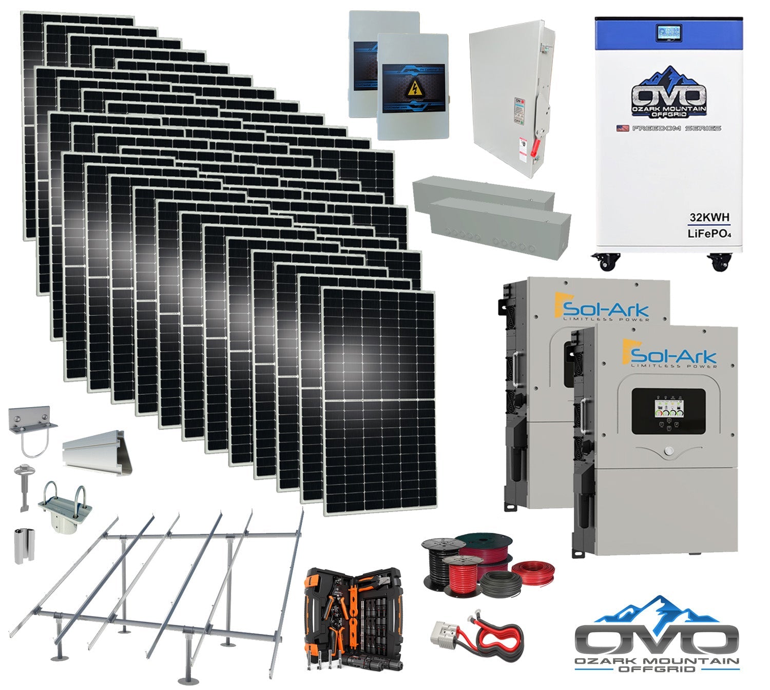 25KW Complete Offgrid Solar Kit - 32kWh OMO 48V Freedom Series Lithium Battery + 2x 15K Sol-Ark Inverter +26.4KW Solar with Ground Mount and Wiring