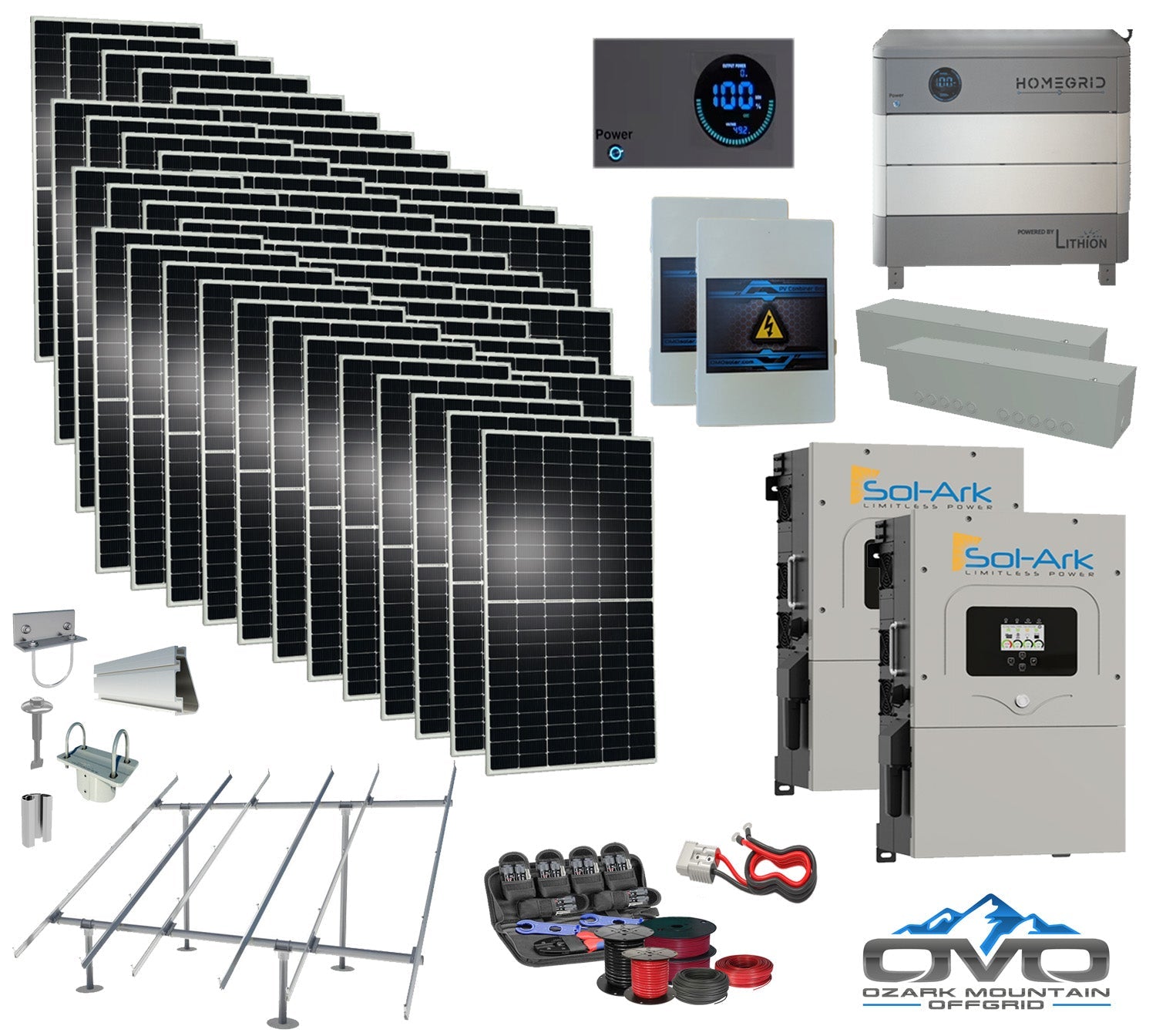 25KW Complete Offgrid Solar Kit - 9.6kWh Lithium Battery + 2x15K Sol-Ark Inverter +26.4KW Solar with Ground Mount and Wiring