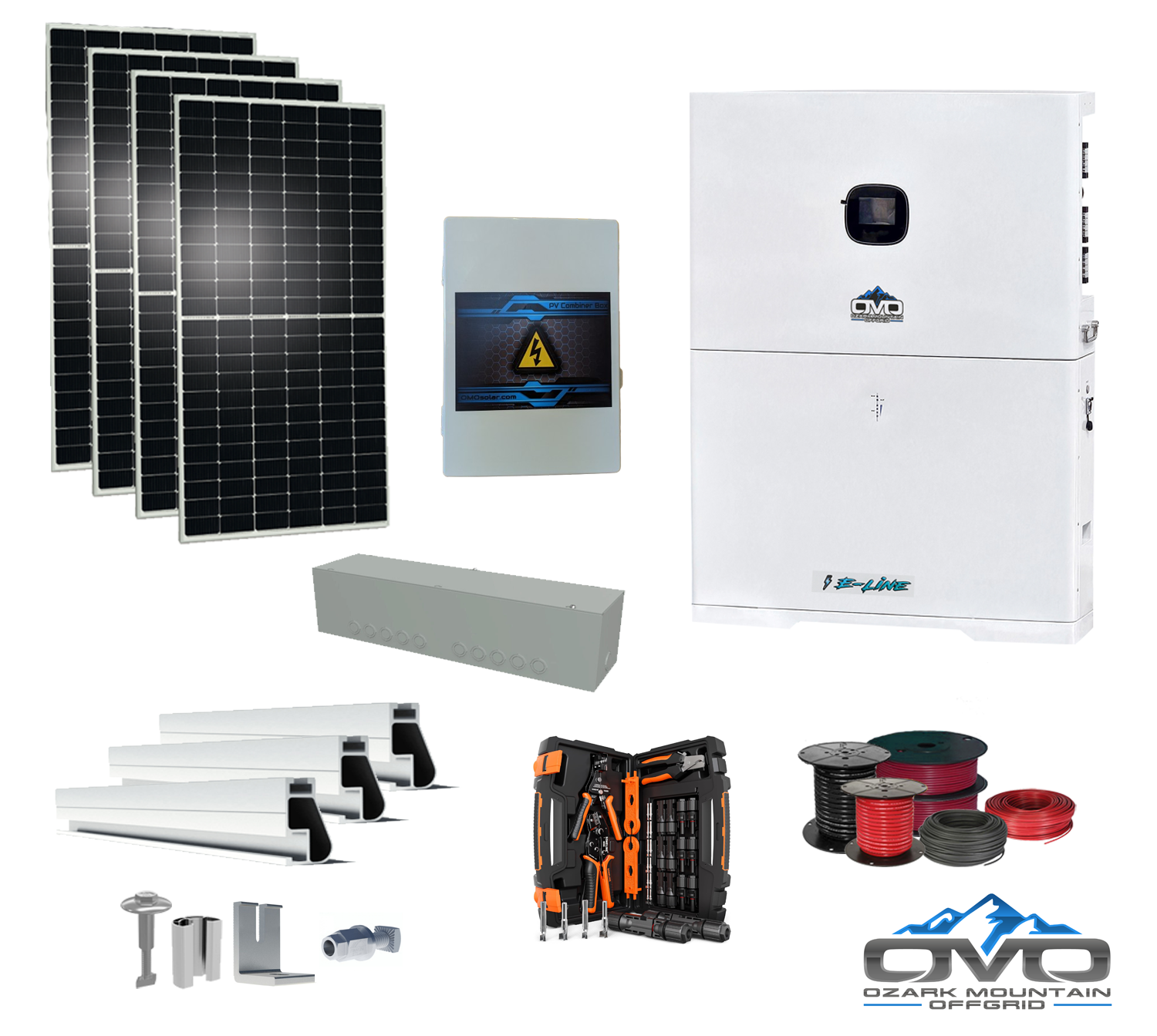 2.2KW Complete Offgrid Solar Kit + 10K 120V/240V OMO E-Line Inverter + 10.24KW OMO E-Line Lithium Battery +2.2KW Solar with Roof Mounting Rails and Wiring