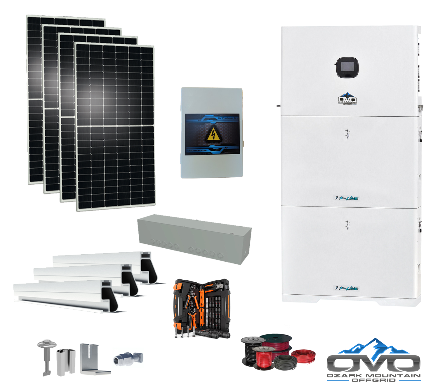 2.2KW Complete Offgrid Solar Kit + 10K 120V/240V OMO E-Line Inverter + 2x 10.24KW OMO E-Line Lithium Battery +2.2KW Solar with Roof Mounting Rails and Wiring