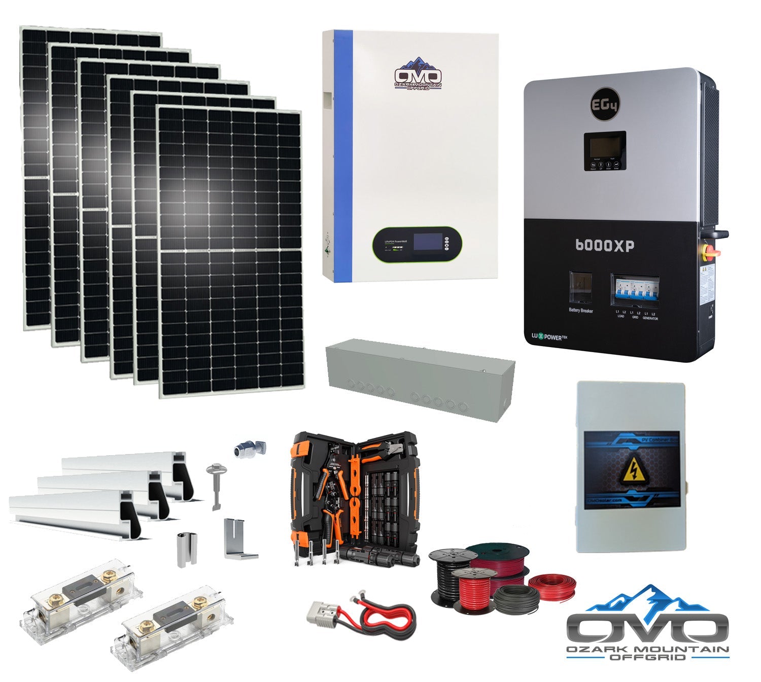 3.3KW Complete Offgrid Solar Kit + 6K EG4 6000XP Inverter + 5.12KW OMO 48V Patriot Lithium Battery + 3.3KW Solar with Roof Mounting Rails and Wiring