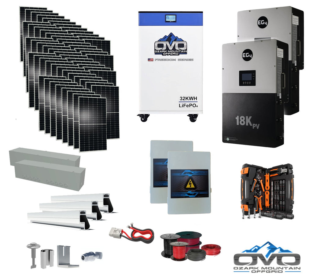 30KW Complete Offgrid Solar Kit + EG4 18kPV + 32KW OMO 48V Freedom Series Lithium Battery + 30.8KW Solar with Roof Mounting Rails and Wiring