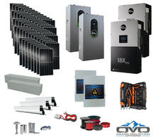 Load image into Gallery viewer, 30KW Complete Offgrid Solar Kit + EG4 18kPV + 2x 14.3KW 48V EG4 Lithium Indoor Wall Battery + 30.8KW Solar with Roof Mounting Rails and Wiring