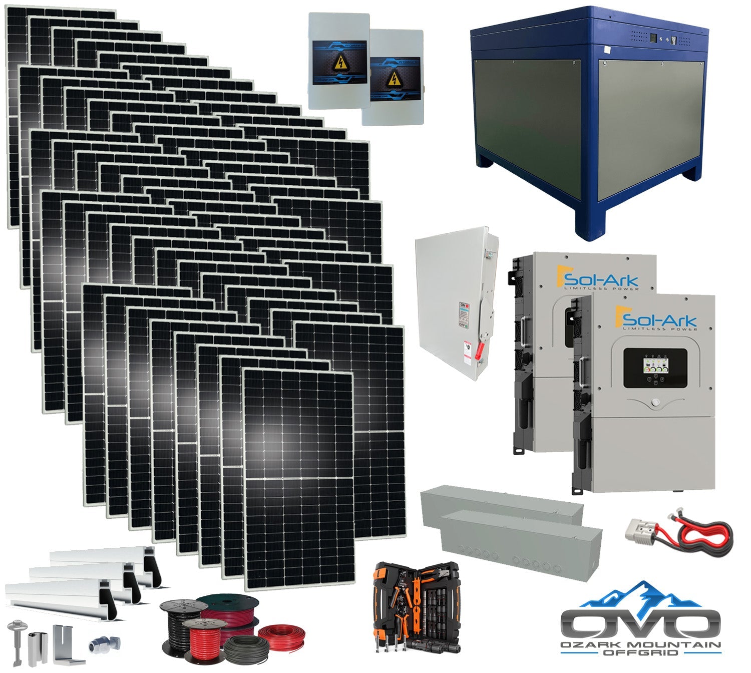 30KW Complete Offgrid Solar Kit + 2x 15K Sol-Ark Inverter + 62kWh Lithium Battery +30.8KW Solar with Roof Mount and Wiring