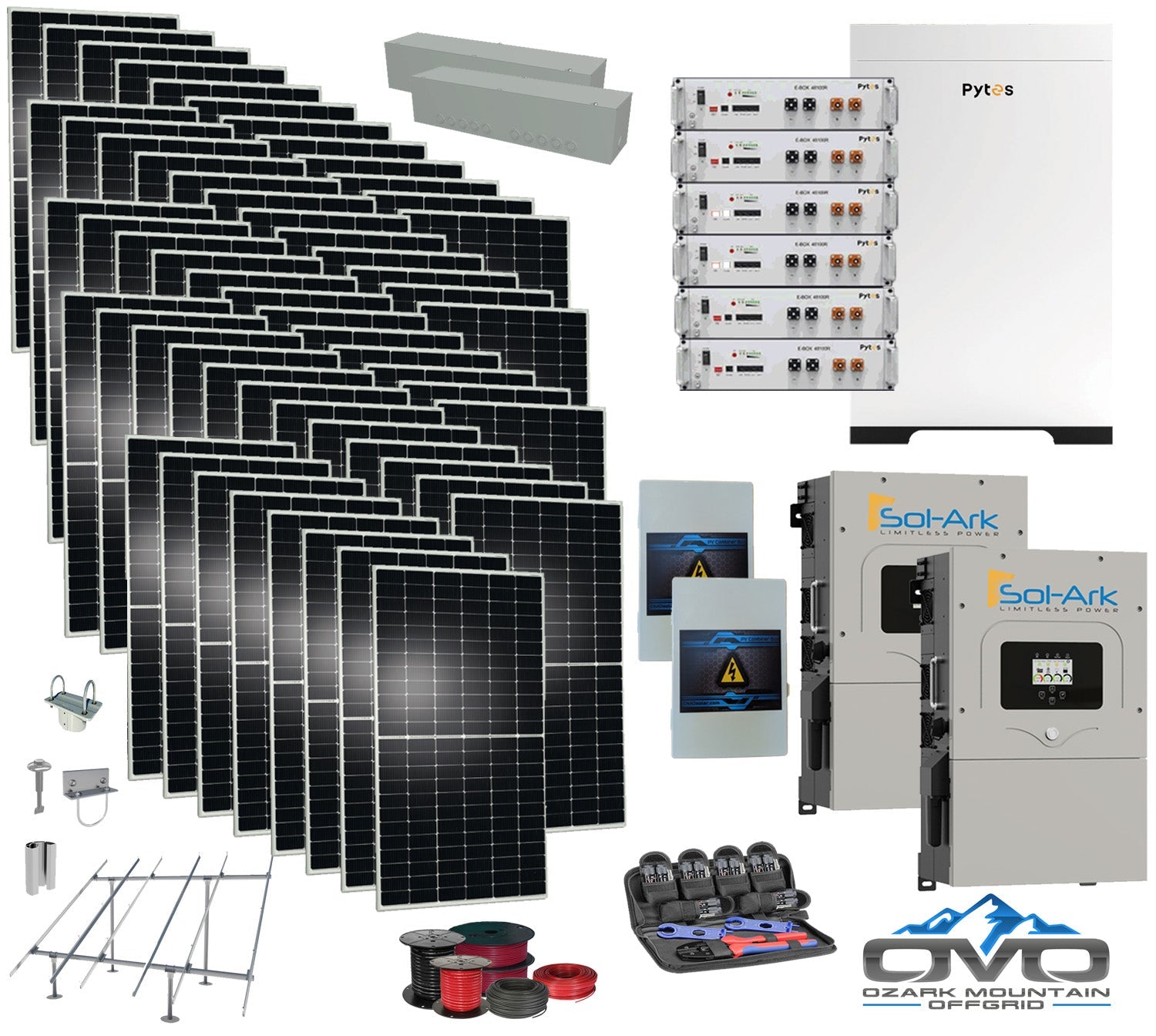 30KW Complete Offgrid Solar Kit - 30.72KW Pytes Lithium Battery +2x 15K Sol-Ark Inverter +30.8KW Solar with Ground Mount and Wiring