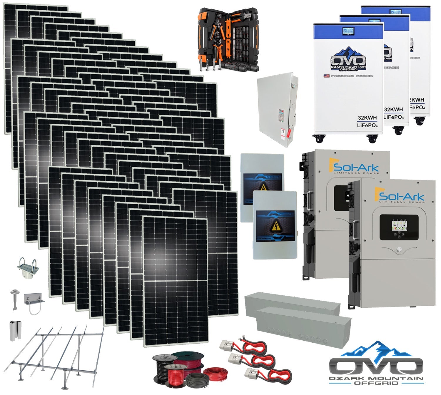 30KW Complete Offgrid Solar Kit + 2x 15K Sol-Ark Inverter + 3x 32kWh OMO 48V Freedom Series Lithium Battery +30.8KW Solar with Ground Mount and Wiring