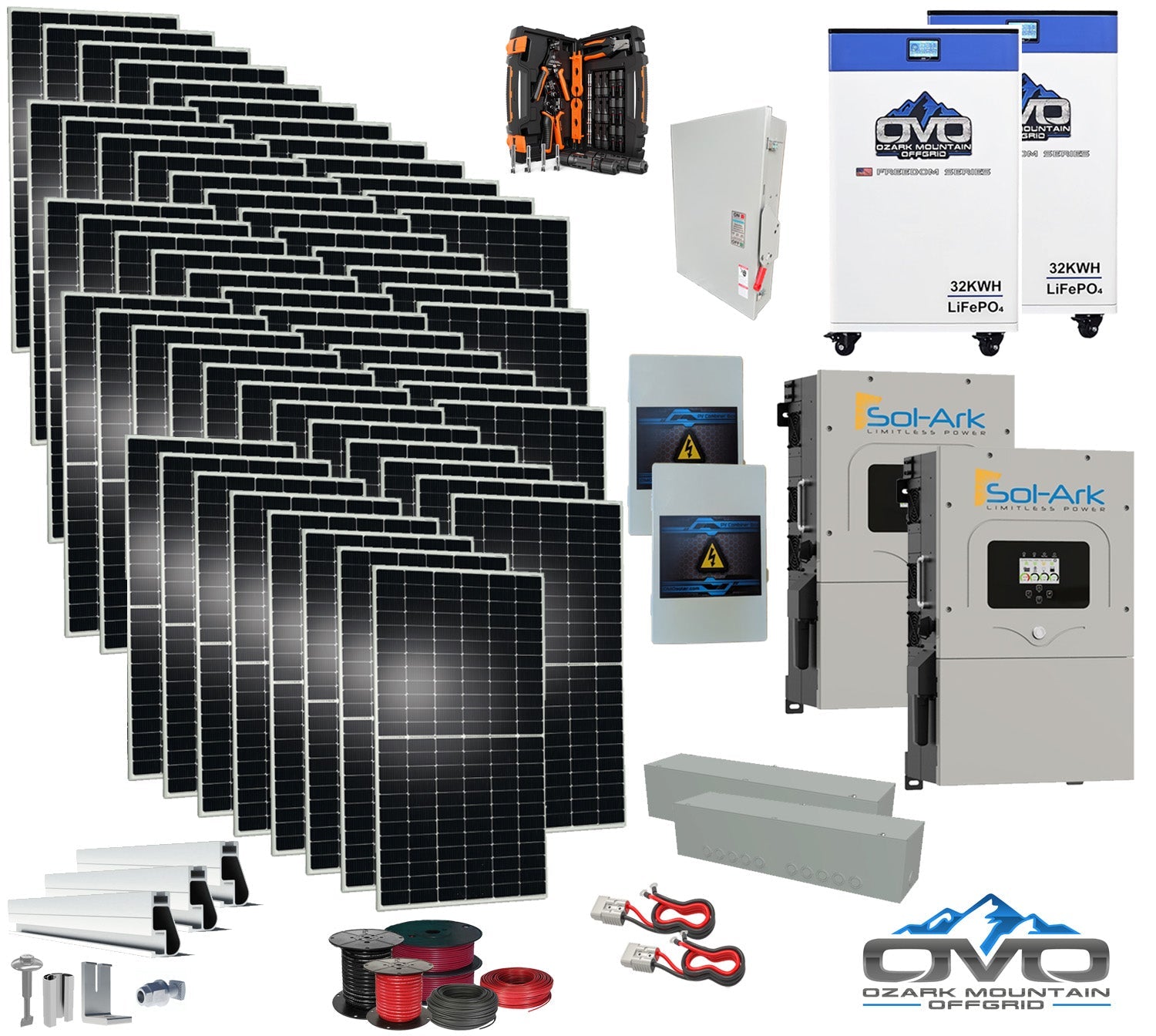 30KW Complete Offgrid Solar Kit + 2x 15K Sol-Ark Inverter + 2x 32kWh OMO 48V Freedom Series Lithium Battery +30.8KW Solar with Roof Mount and Wiring