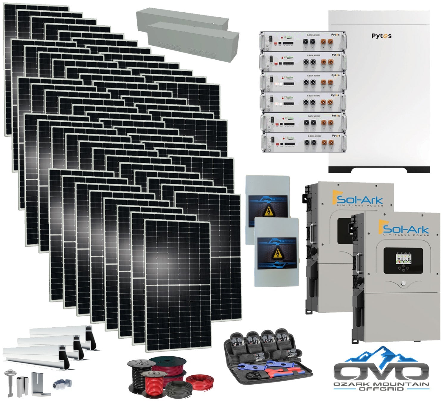 30KW Complete Offgrid Solar Kit - 30.72KW Pytes Lithium Battery + 2x 15K Sol-Ark Inverter +30.8KW Solar with Roof Mount and Wiring