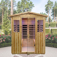 Load image into Gallery viewer, Deluxe 4-Person Outdoor Infrared Hemlock Sauna With Bluetooth Speakers &amp; LED Lighting (SAK96371)