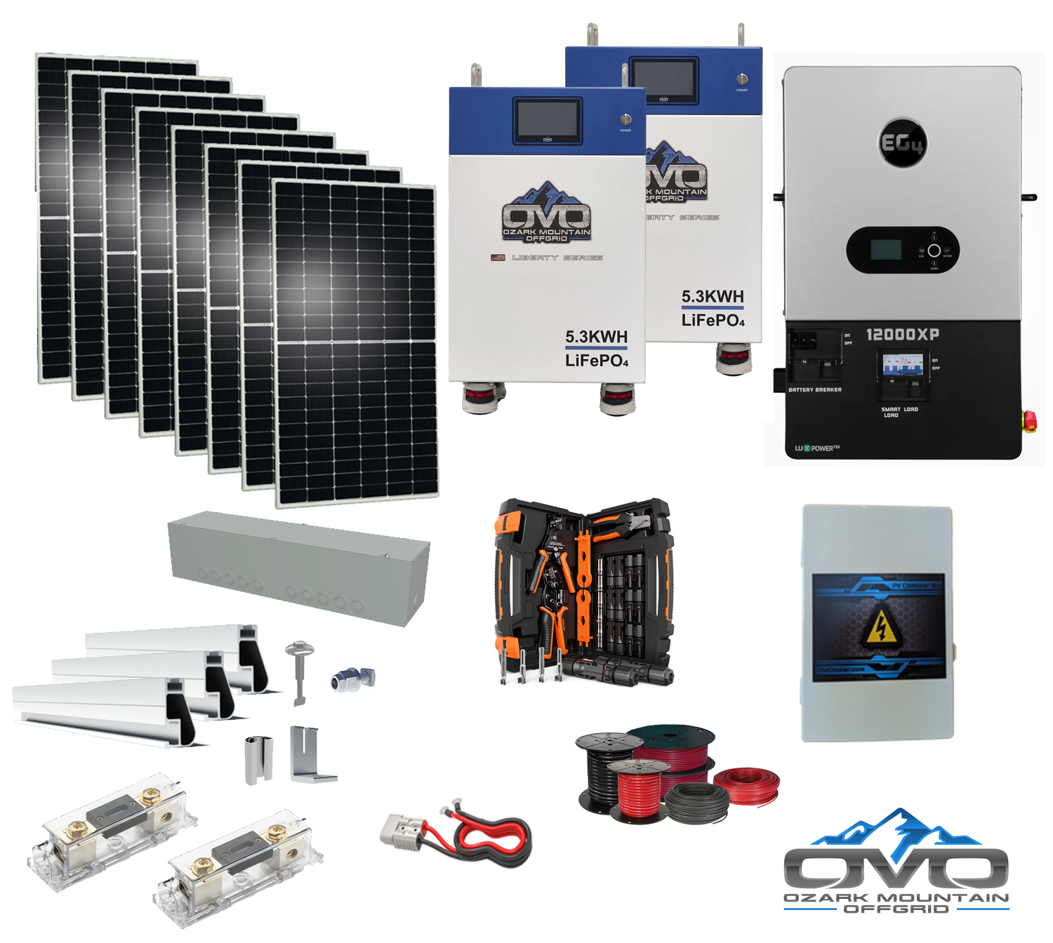 4.4KW Complete Offgrid Solar Kit + 12K EG4 12000XP Inverter + 2x 5.3KW OMO 48V Liberty Lithium Battery + 4.4KW Solar with Roof Mounting Rails and Wiring