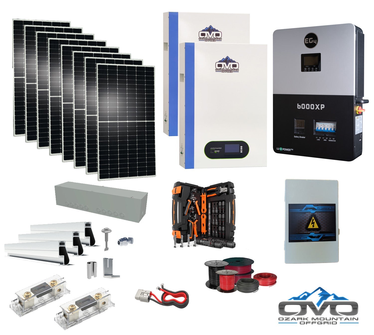 4.4KW Complete Offgrid Solar Kit + 6K EG4 6000XP Inverter + 2x 5.12KW OMO 48V Patriot Lithium Battery + 4.4KW Solar with Roof Mounting Rails and Wiring