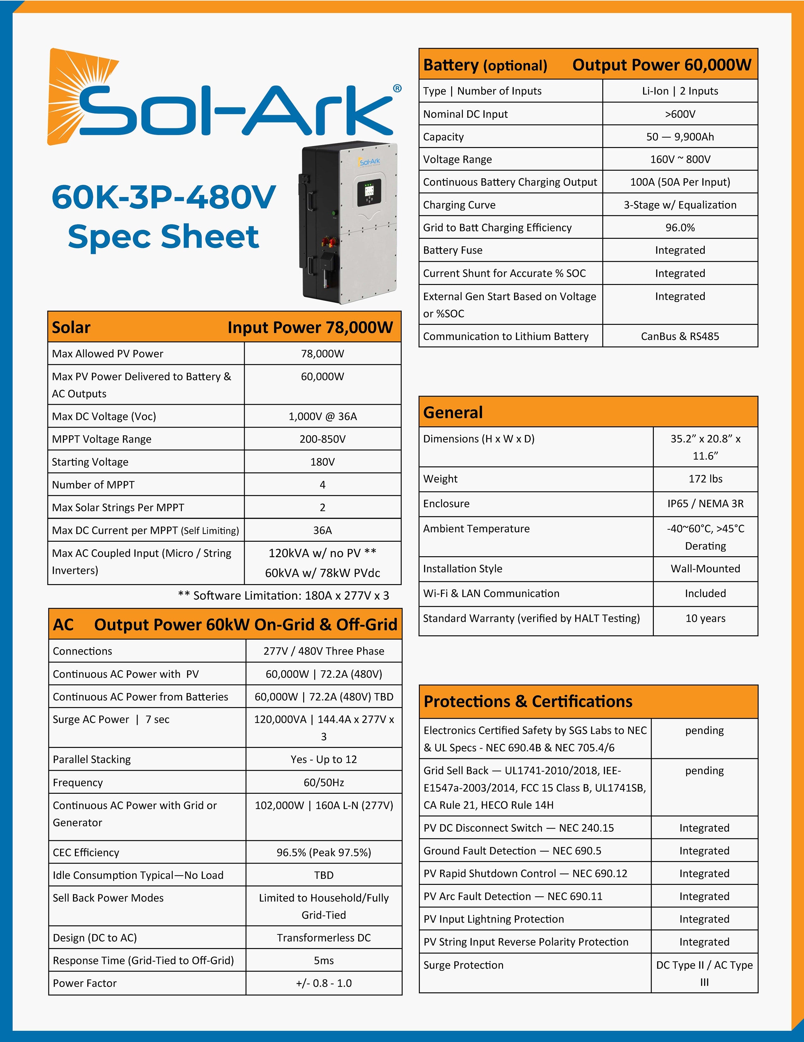 Commercial 60KW Solar Array - 3 Phase 480V Solar Kit + 60K 480V Sol-Ark Inverter + 60KW Sol-Ark OUTDOOR Lithium Battery +60.5KW Solar with Ground Mount and Wiring