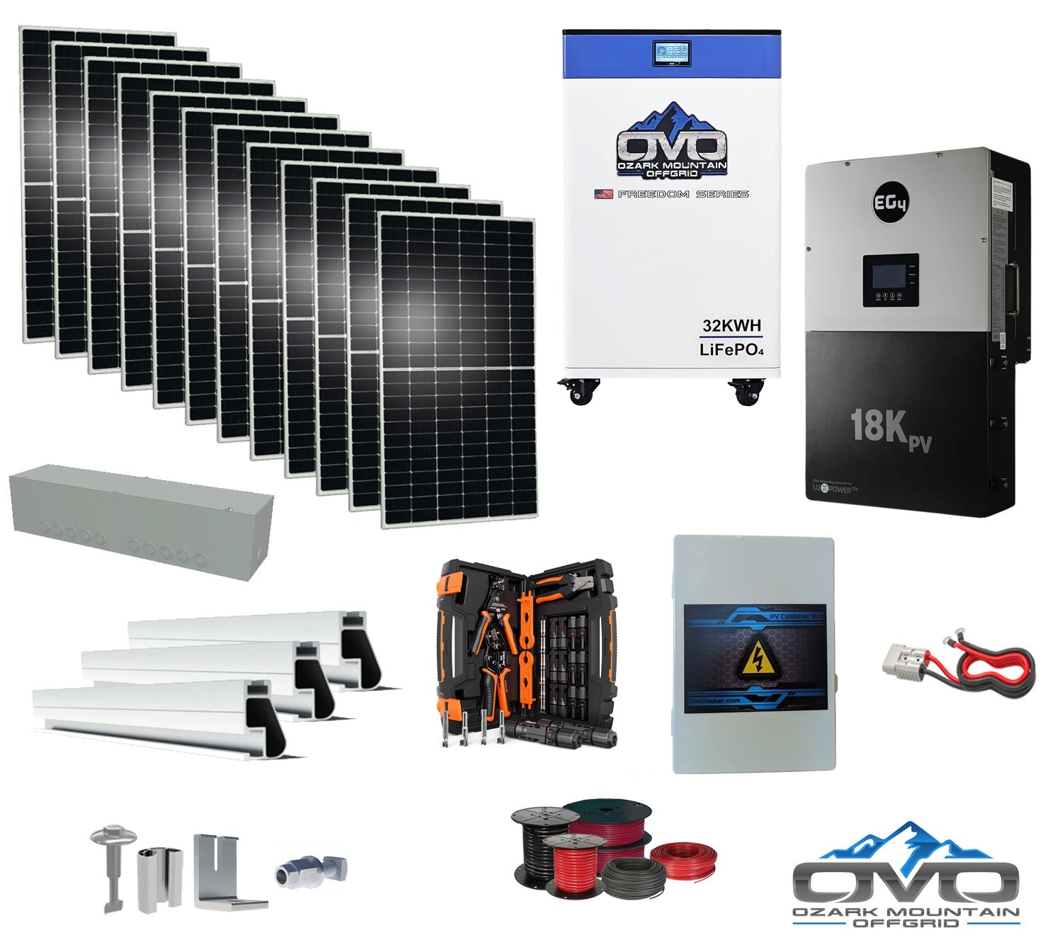 6KW Complete Offgrid Solar Kit + EG4 18kPV Inverter + 32KW OMO 48V Freedom Series Lithium Battery + 6.6KW Solar with Roof Mounting Rails and Wiring