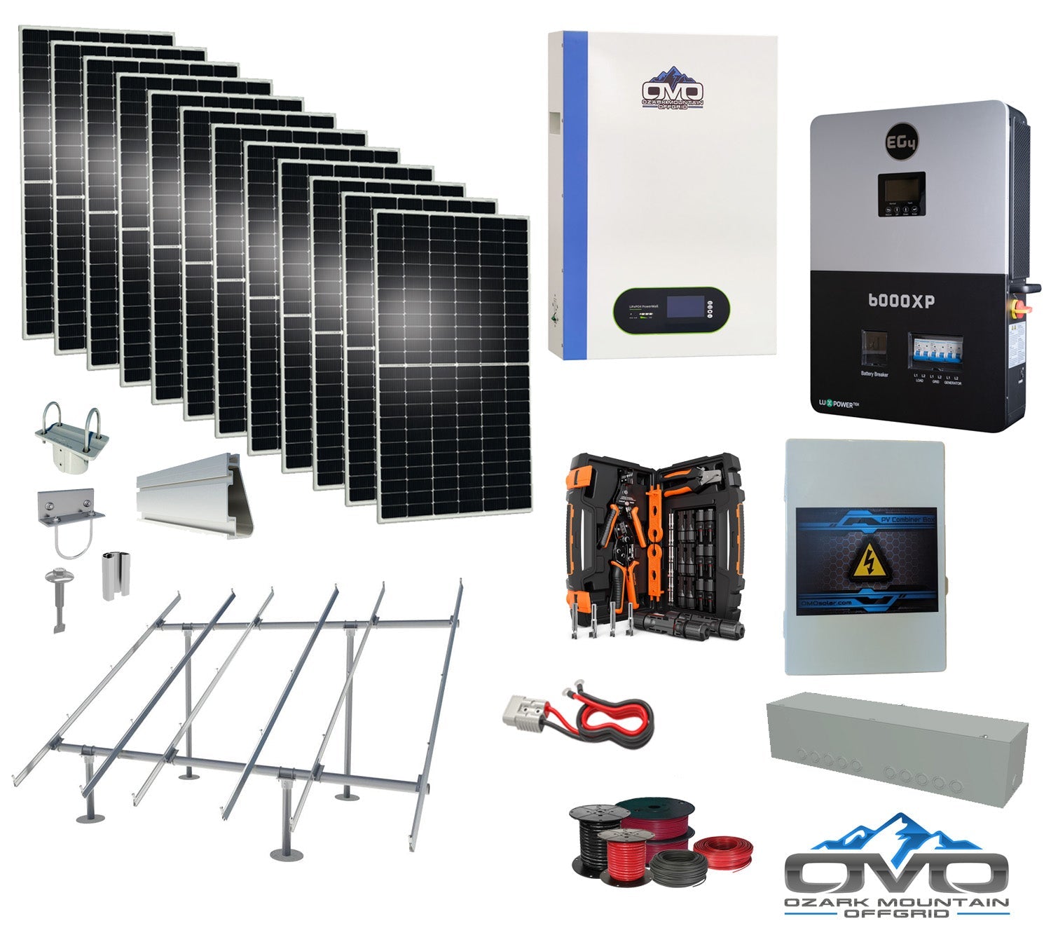 6KW Complete Offgrid Solar Kit + 6K EG4 6000XP Inverter + 5.12KW OMO 48V Patriot Lithium Battery + 6.6KW Solar with Ground Mount and Wiring