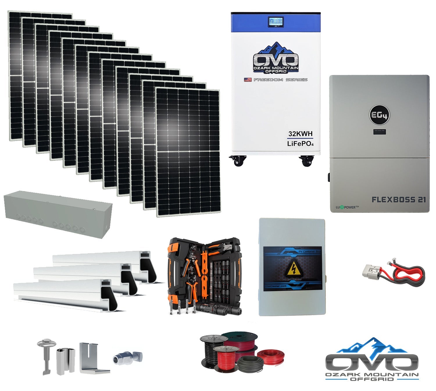 6KW Complete Offgrid Solar Kit + EG4 FlexBOSS21 + 32KW OMO 48V Freedom Series Lithium Battery + 6.6KW Solar with Roof Mounting Rails and Wiring