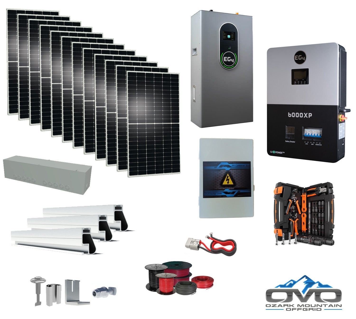 6KW Complete Offgrid Solar Kit + 6K EG4 6000XP Inverter + 14.3KW 48V EG4 Lithium Indoor Wall Battery + 6.6KW Solar with Roof Mounting Rails and Wiring