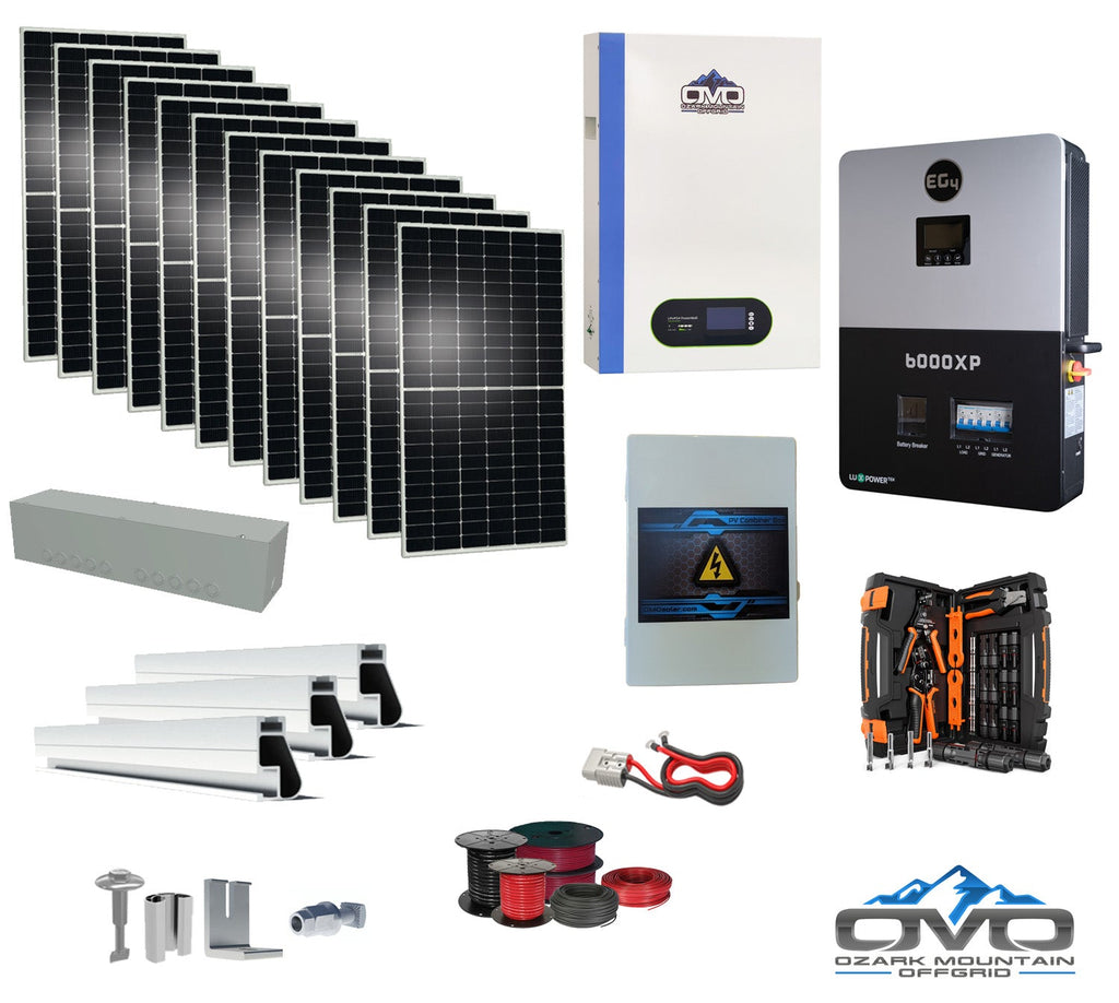 6KW Complete Offgrid Solar Kit + 6K EG4 6000XP Inverter + 5.12KW OMO 48V Patriot Lithium Battery + 6.6KW Solar with Roof Mounting Rails and Wiring