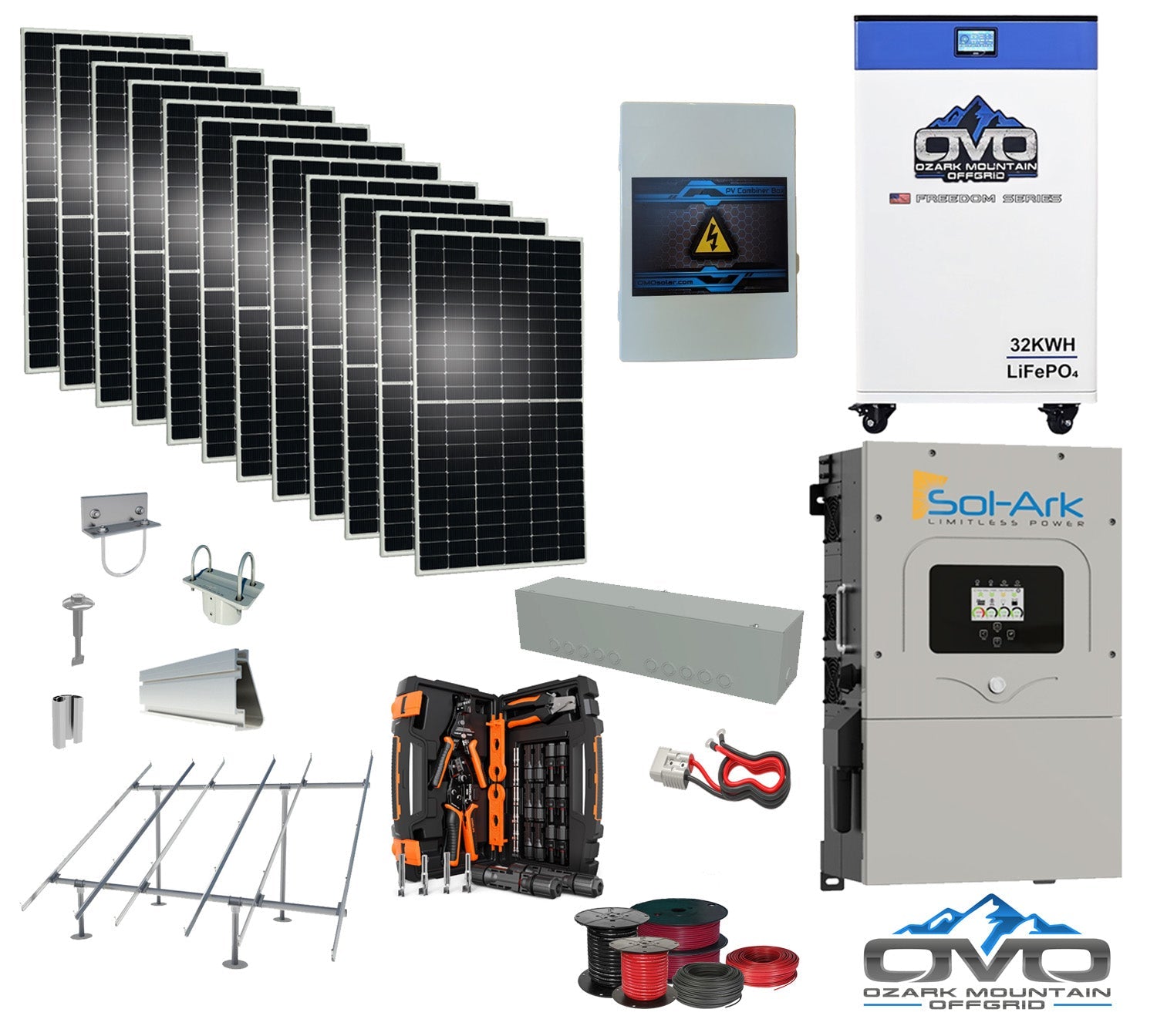 6KW Complete Offgrid Solar Kit - 32kWh OMO 48V Freedom Series Lithium Battery  + 15K Sol-Ark Inverter +6.6KW Solar with Ground Mount Rails and Wiring