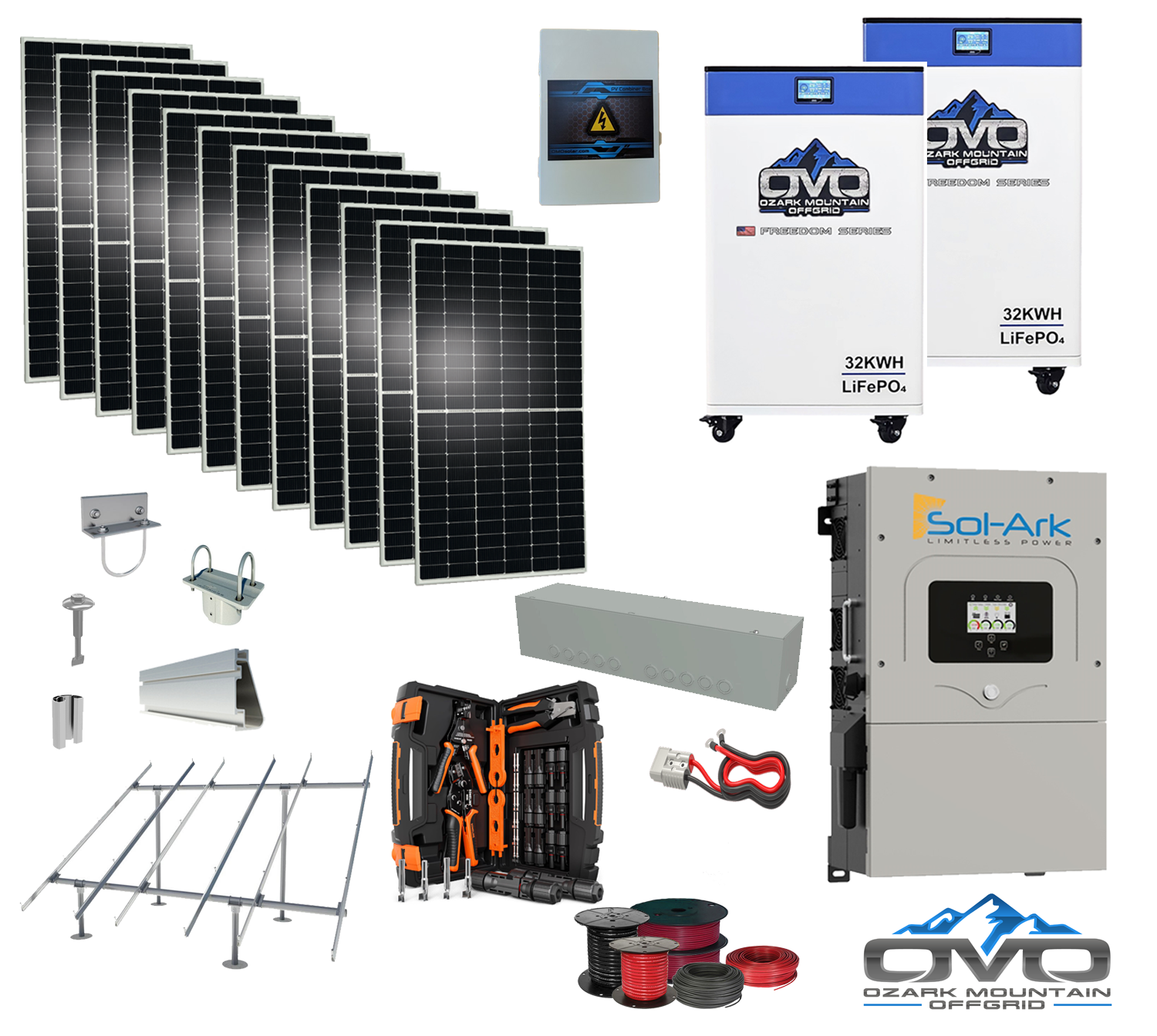 6KW Complete Offgrid Solar Kit - 2x 32kWh OMO 48V Freedom Series Lithium Battery  + 15K Sol-Ark Inverter +6.6KW Solar with Ground Mount and Wiring