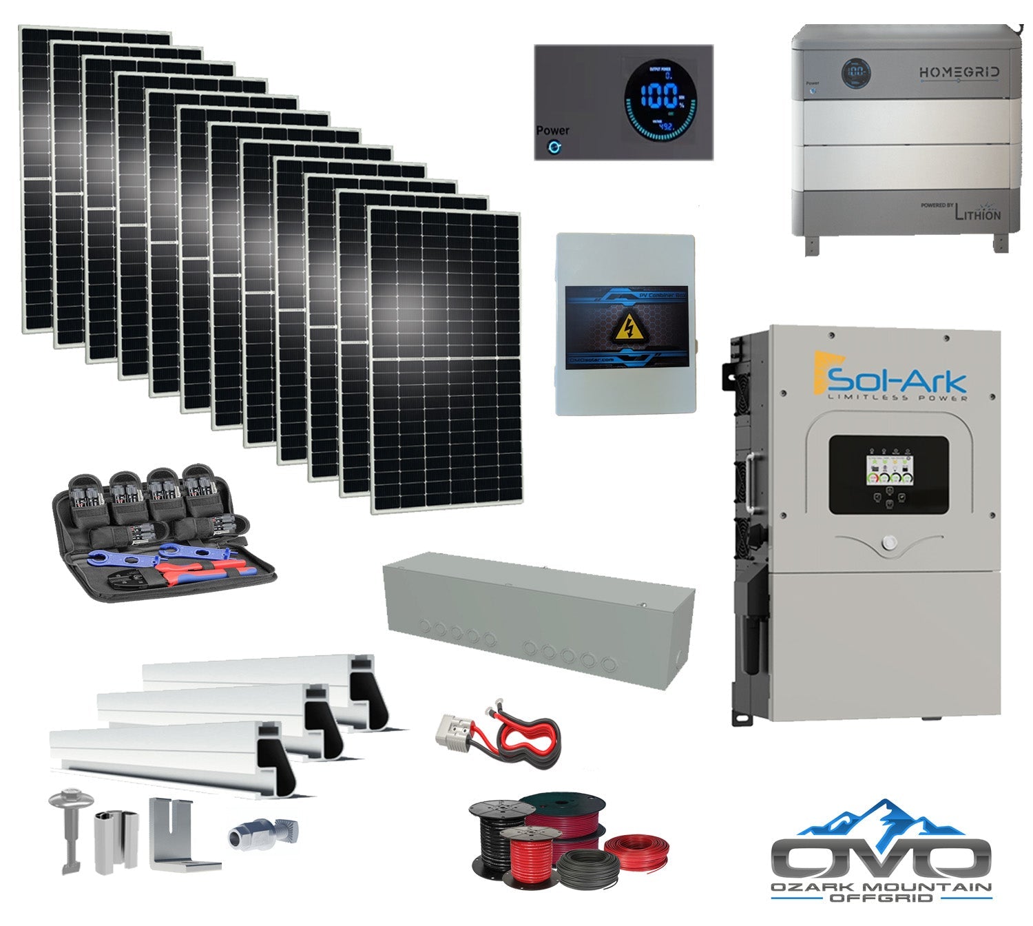 6KW Complete Offgrid Solar Kit - 9.6kWh Lithium Battery + 15K Sol-Ark Inverter +6.6KW Solar with Mounting Rails and Wiring