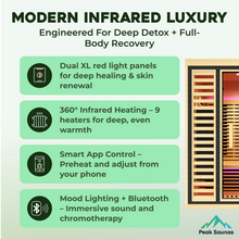 Load image into Gallery viewer, Peak Saunas Denali Luxury 3-Person Full Spectrum Infrared Sauna with Two XL Medical-Grade Red Light Therapy Panels &amp; Smart WiFi App Control
