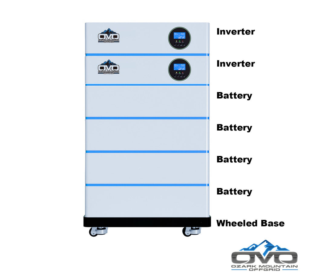 11KW OMO All-In-One Customizable Stacking Inverter/Battery System 120/240 11000W Total Inverter Output + 20.48K Lithium Battery + 11KW Solar Roof Mount