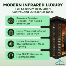 Load image into Gallery viewer, Peak Saunas Kilimanjaro 5-Person Outdoor Full Spectrum Infrared Sauna with XL Medical-Grade Red Light Therapy and Smart WiFi App Control