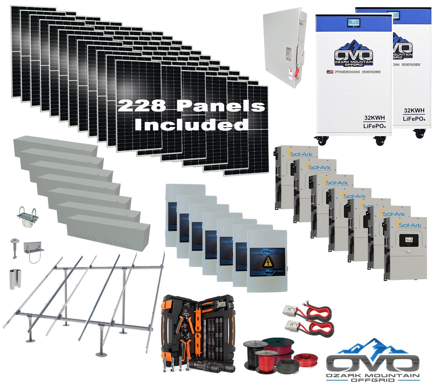 125KW Complete Offgrid Solar Kit + 7x 15K Sol-Ark Inverter + 2x 32kWh OMO 48V Freedom Series Lithium Battery +125.4KW Solar with Ground Mount and Wiring