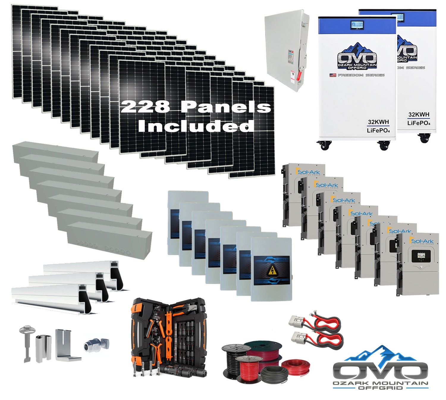 125KW Complete Offgrid Solar Kit + 7x 15K Sol-Ark Inverter + 2x 32kWh OMO 48V Freedom Series Lithium Battery +125.4KW Solar with Roof Mount and Wiring