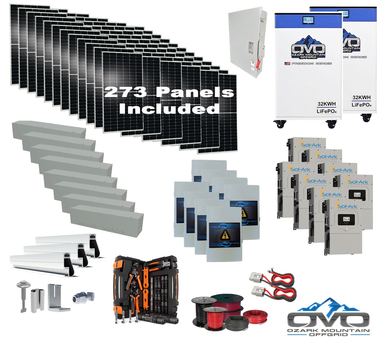 150KW Complete Offgrid Solar Kit + 8x 15K Sol-Ark Inverter + 2x 32kWh OMO 48V Freedom Series Lithium Battery +150.15KW Solar with Roof Mount and Wiring