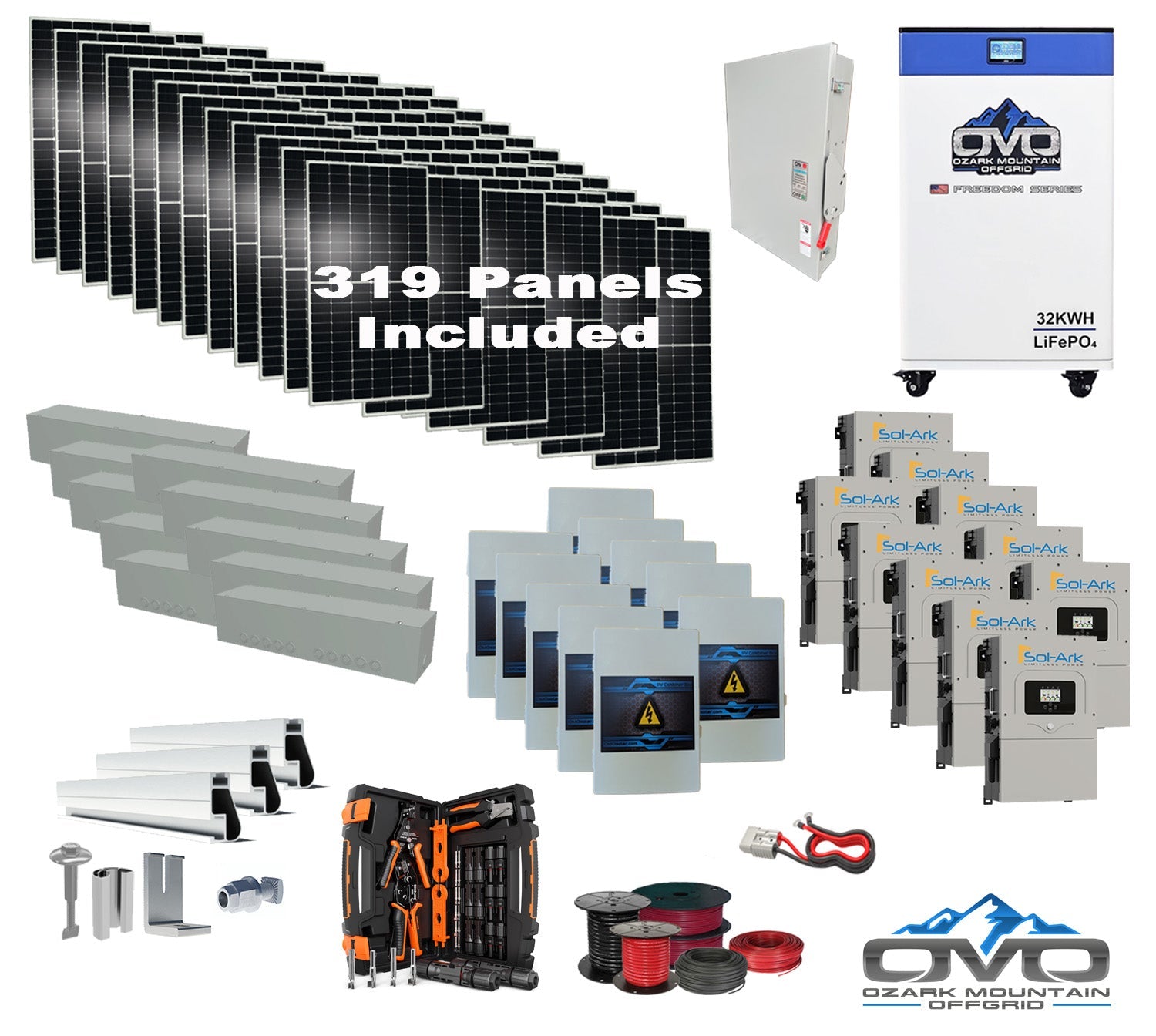 175KW Complete Offgrid Solar Kit + 10x 15K Sol-Ark Inverter + 32kWh OMO 48V Freedom Series Lithium Battery +175.45KW Solar with Roof Mount and Wiring