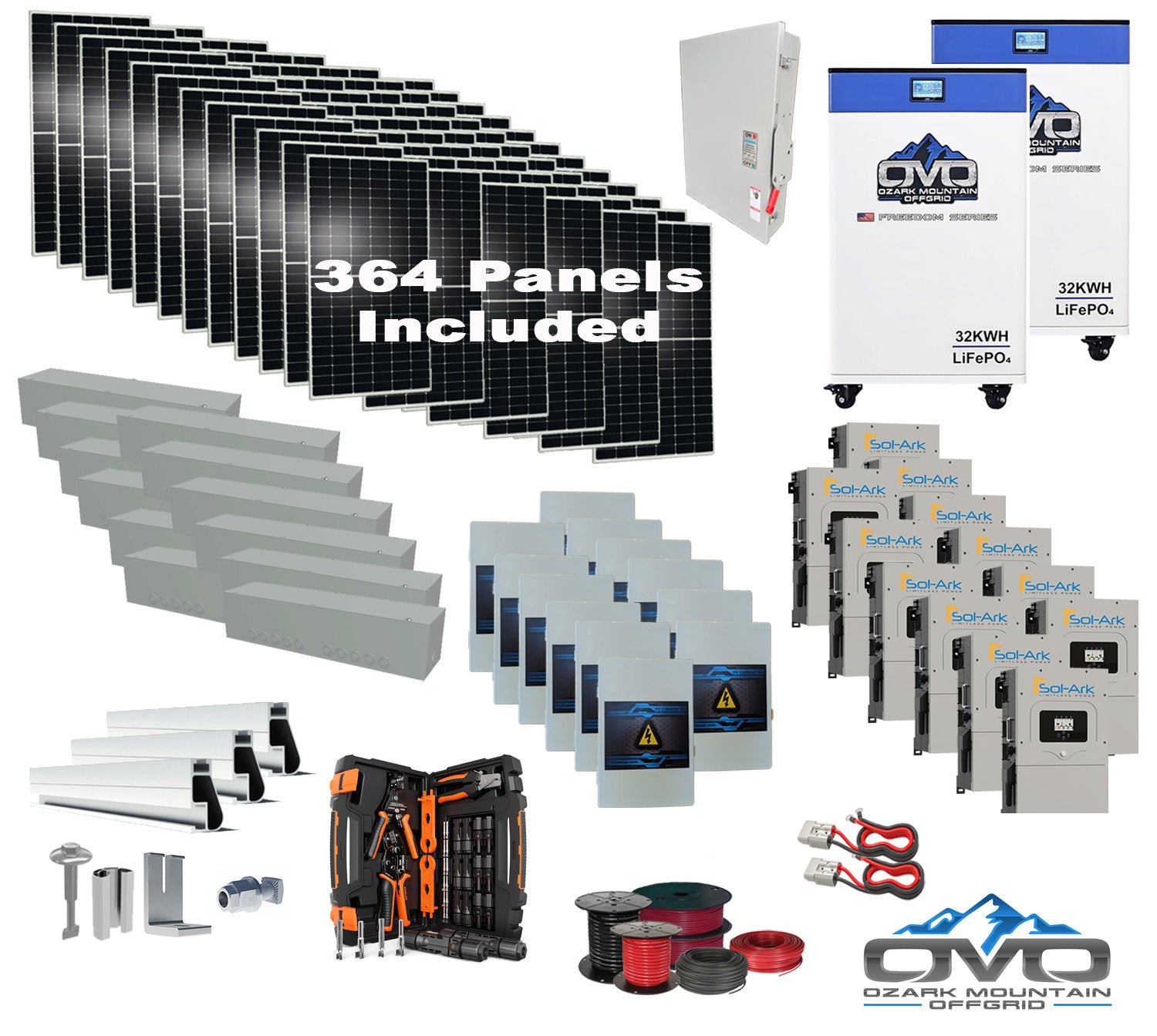 200KW Complete Offgrid Solar Kit + 12x 15K Sol-Ark Inverter + 2x 32kWh OMO 48V Freedom Series Lithium Battery +200.2KW Solar with Roof Mount and Wiring