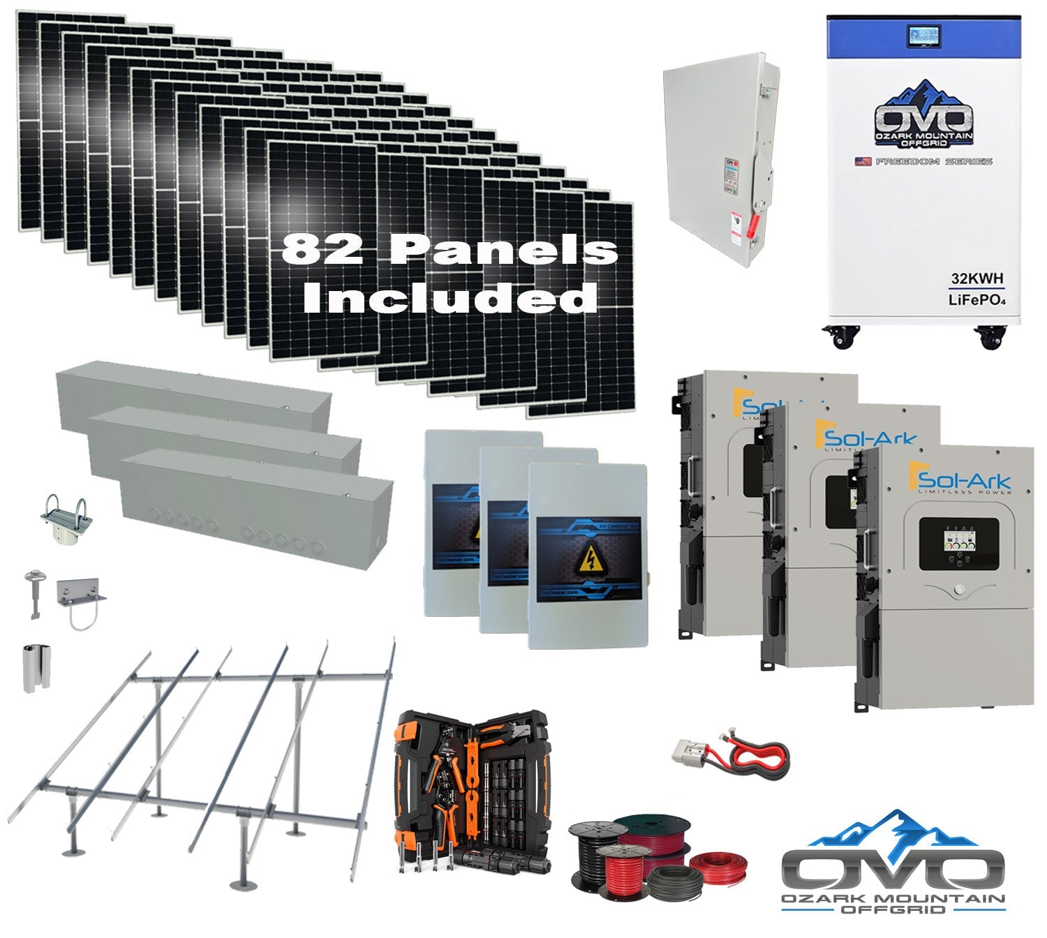 45KW Complete Offgrid Solar Kit + 3x 15K Sol-Ark Inverter + 32kWh OMO 48V Freedom Series Lithium Battery +45.1KW Solar with Ground Mount and Wiring