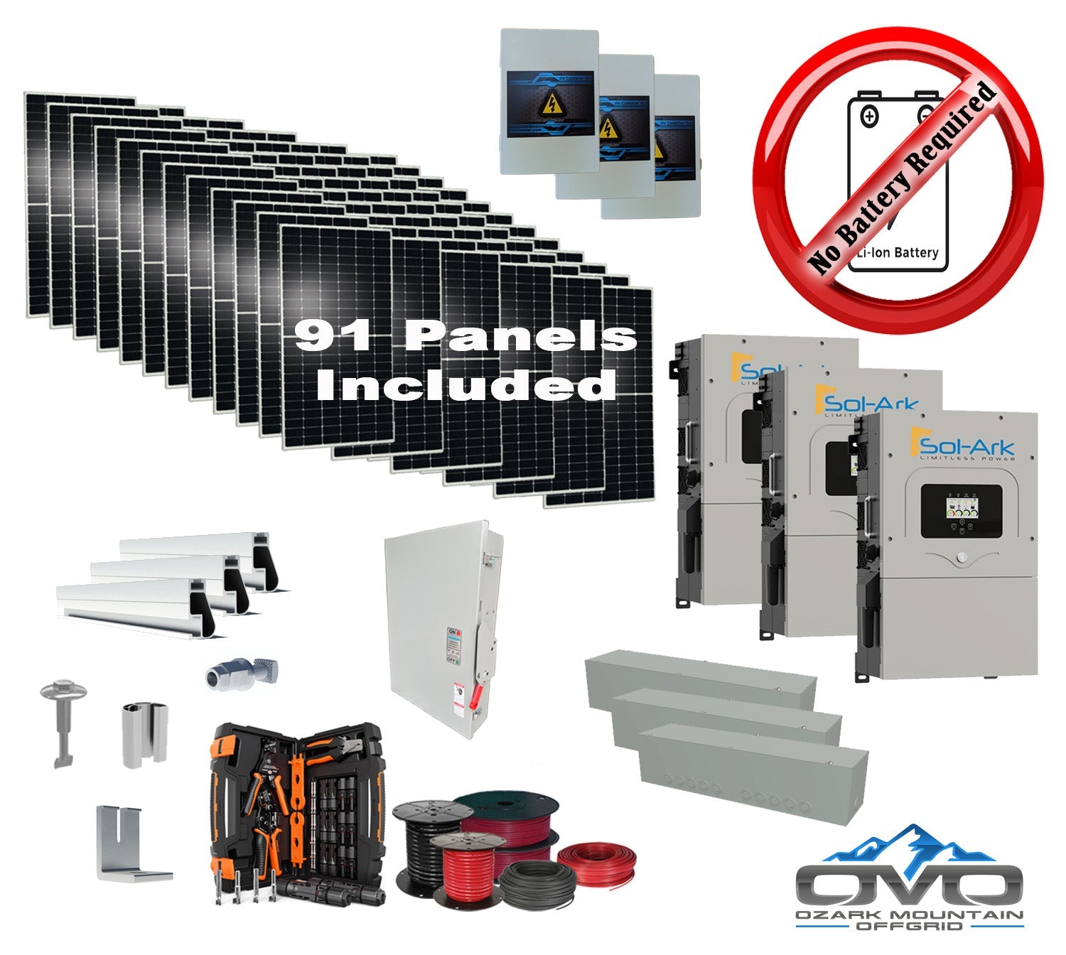 50KW Complete Offgrid Solar Kit + 3x 15K Sol-Ark Inverter +50.05KW Solar with Mounting Rails and Wiring
