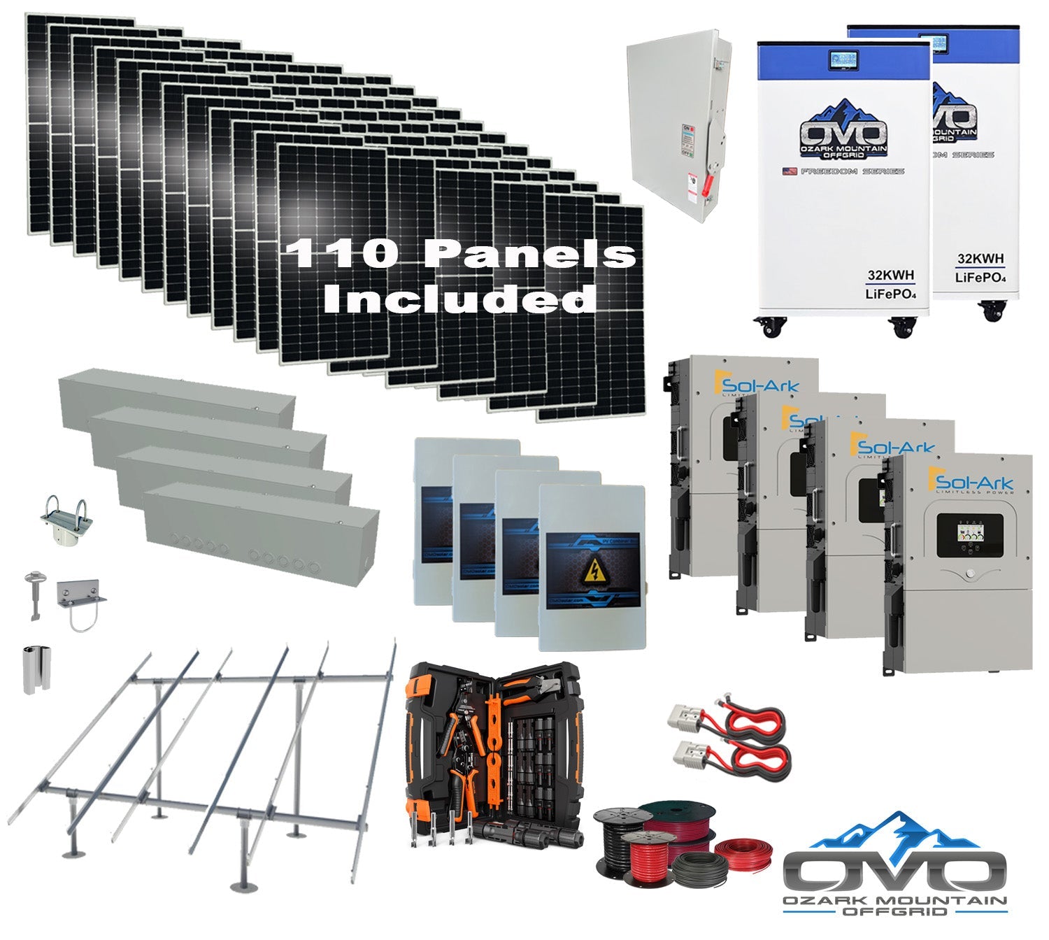 60KW Complete Offgrid Solar Kit + 4x 15K Sol-Ark Inverter + 2x 32kWh OMO 48V Freedom Series Lithium Battery +60.5KW Solar with Ground Mount and Wiring
