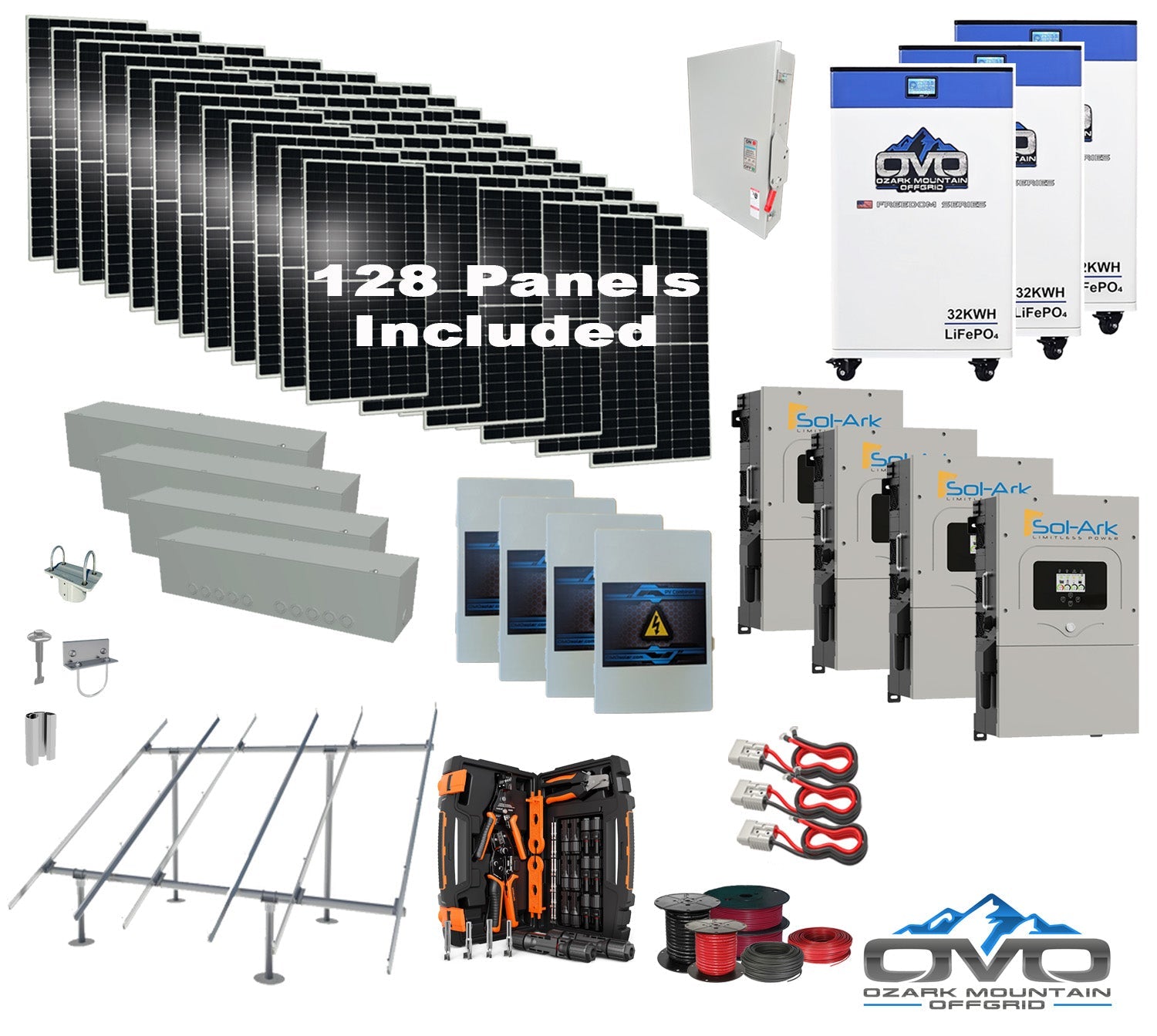 70KW Complete Offgrid Solar Kit + 4x 15K Sol-Ark Inverter + 3x 32kWh OMO 48V Freedom Series Lithium Battery +70.4KW Solar with Ground Mount and Wiring