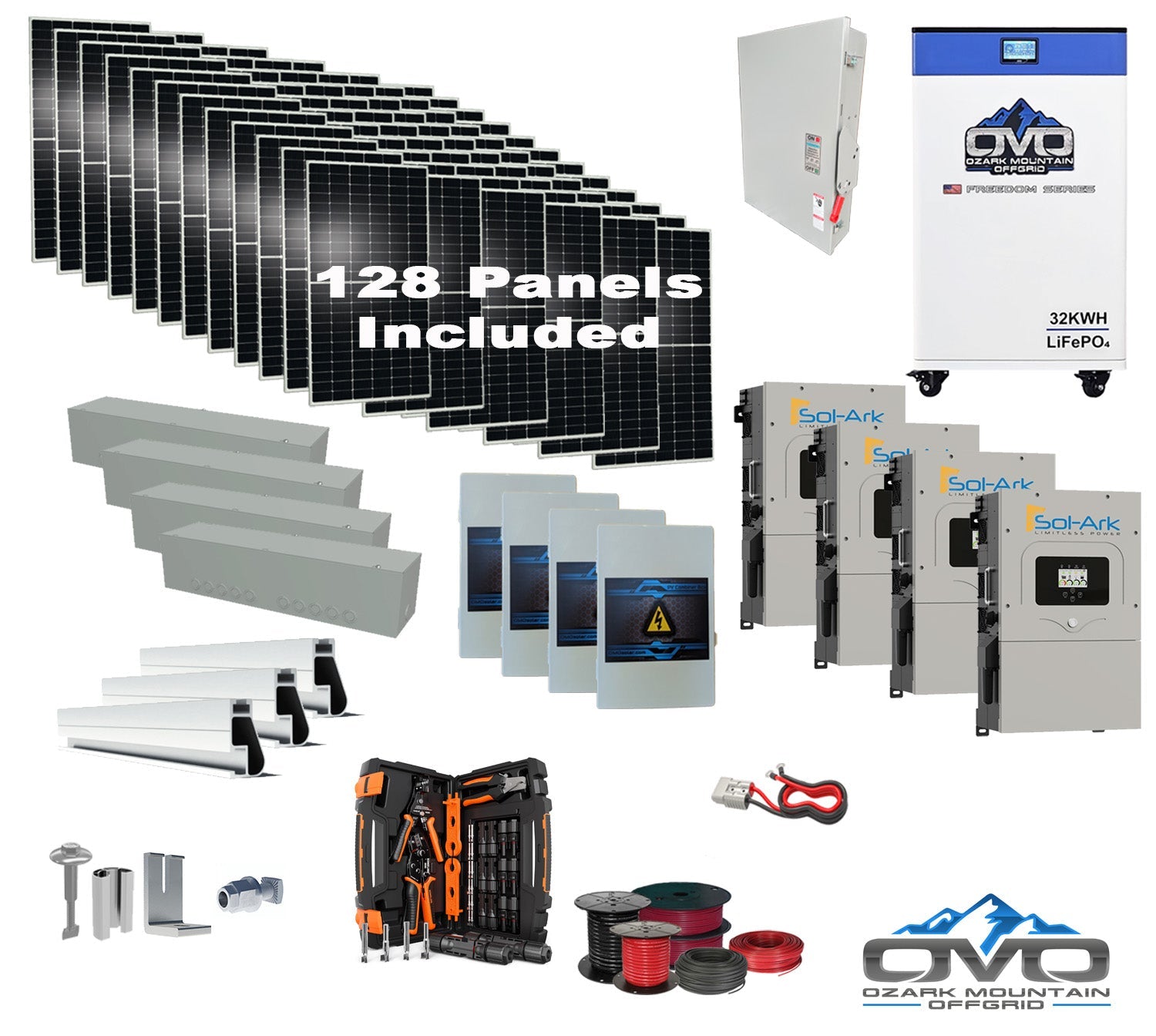 70KW Complete Offgrid Solar Kit + 4x 15K Sol-Ark Inverter + 32kWh OMO 48V Freedom Series Lithium Battery +70.4KW Solar with Roof Mount and Wiring