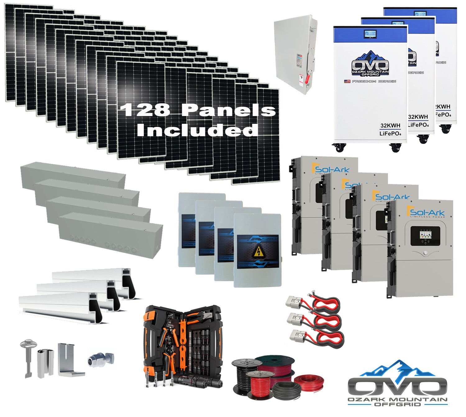 70KW Complete Offgrid Solar Kit + 4x 15K Sol-Ark Inverter + 3x 32kWh OMO 48V Freedom Series Lithium Battery +70.4KW Solar with Roof Mount and Wiring