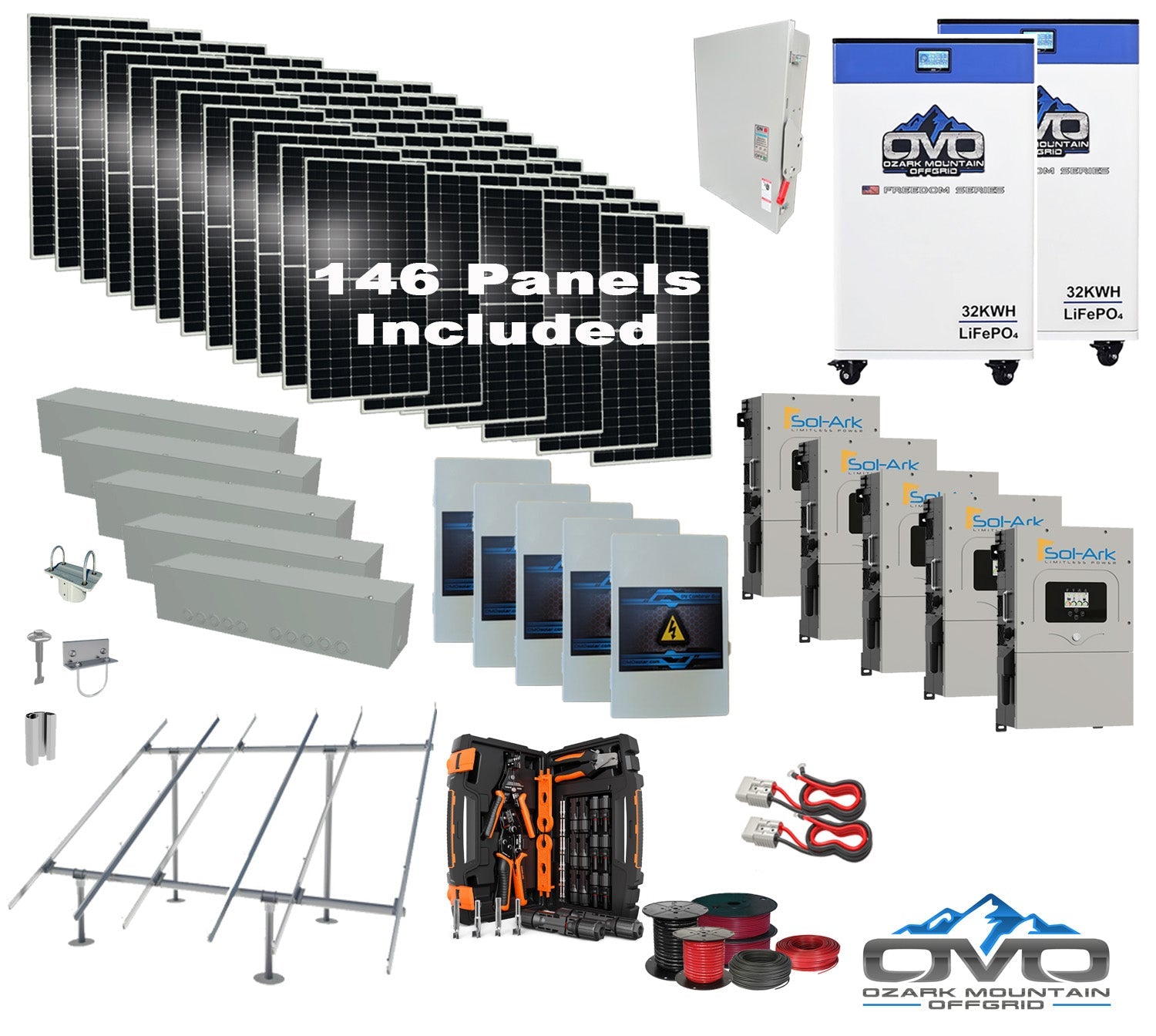 80KW Complete Offgrid Solar Kit + 5x 15K Sol-Ark Inverter + 2x 32kWh OMO 48V Freedom Series Lithium Battery +80.3KW Solar with Ground Mount and Wiring